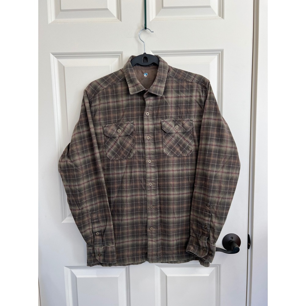 Kuhl Fugitive Flannel Long Sleeve Button Down Olive Plaid Shirt Size Medium